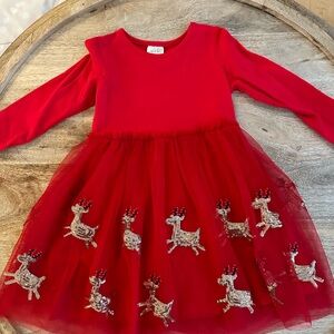 Red Reindeer Embellished Kids Formal Dress